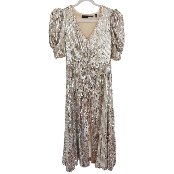 ROTATE Birger Christensen Sierina Silver Sequin Midi Dress Puff Sleeve Party Sm - Picture 11 of 16